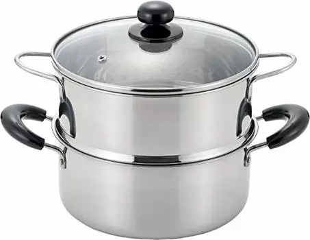Yoshikawa SJ2967 Double-Handed Pot, Two-Stage Steamer, Stainless Steel, 7.9 inches (20 cm), Gas Fire, Induction Compatible, Steamed Food