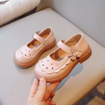 Young Children Leather Shoes Hollow Simple Pink Versatile Girls Casual Shoes Breatheable 2024 New PU Kids Fashion Shallow Loafer 26 чёрный