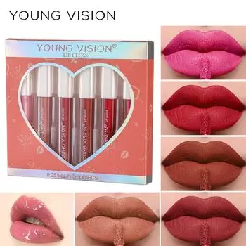 YOUNG VISION Набор блесков для губ, 6 цветов с антипригарным покрытием, 1 зеркальный блеск для губ + 5 матовых глазурей для губ