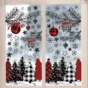 Yousheng 8 Sheets/Set Christmas Window Cling Waterproof PVC Xmas Tree Ball Snowflake Static Glass Sticker Home Office Party Decoration Decal 1 Set