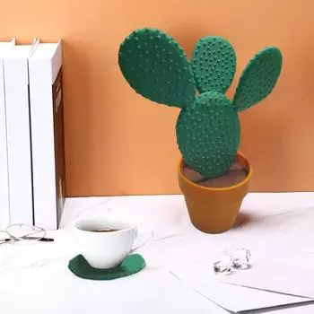 Yousheng Cactus Coasters Set Green Coasters with Flowerpots Coasters Holder Термостойкие подставки под стаканы в виде кактусов для домашнего офиса, бара, декора зелёный