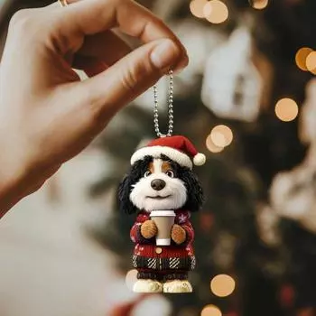 Yousheng Christmas Dog Ornament Acrylic Santa Hat Dog Decoration Cartoon Drinking Coffee Dog Hanging Ornament for Tree Car Backpack Little Dog