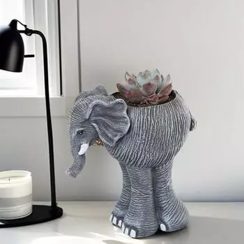 Yousheng Elephant Flowerpot Resin Succulent Planter Настольный стоячий цветочный горшок в форме слона для гостиной, офиса, приставного столика, декора стола серый