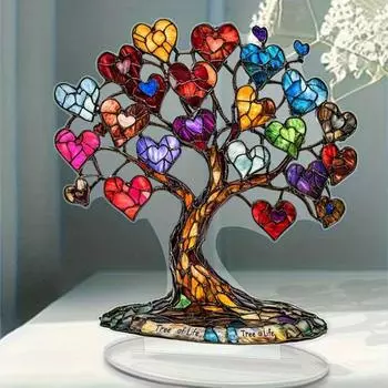 Yousheng Heart Tree Украшение для рабочего стола 2D Плоское акриловое украшение Многоцветное дерево с сердечками любви с основанием для домашнего декора стола Подарок на День святого Валентина 1pc