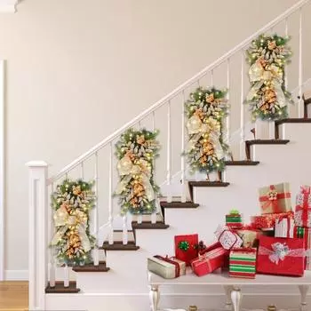 Yousheng Light Up Christmas Swag Wreath Berries Pinecakes Stairway Swag Teardrop Trim Door Stair Garland for Front Door Window Stairs золотистый