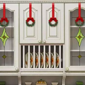 Yousheng Mini Christmas Wreath Kitchen Cabinet Wreaths with Ribbon Bows Greenery Faux Pine Needle Wreath for Window Door Cabinets Festive Decor 6pcs