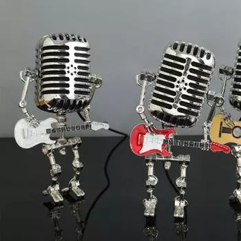 Yousheng Retro Microphone Robot Night Lamp Подвижные соединения Vintage Holding Guitar Metal Rock MIC Robot LED Настольный светильник Настольное украшение Орнамент красный