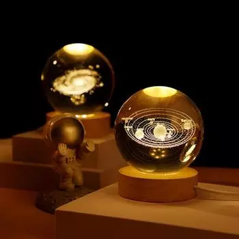 Yousheng Stellar Sphere Light Faux Crystal Space Lamp with LED Base Clear Ball 3D Carving Night Light for Home Desktop Decor B