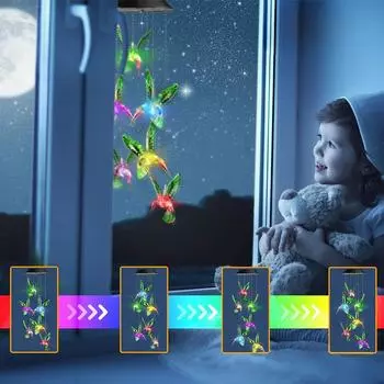 YOUZI ABS LED Солнечный Колибри Ветер Чим Подвесной Ветер Чим Автоматический Светильник 7 Цветов-Изменение Для Украшения Дома Сада