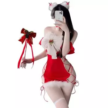 [YUEEI] Christmas sexy cosplay santa one piece with bell See-through see-through Radical Erotic lingerie disguise cute temptation ladies present one