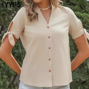 YYFS женские модные повседневные однотонные блузки и рубашки с короткими рукавами и принтом S чёрный