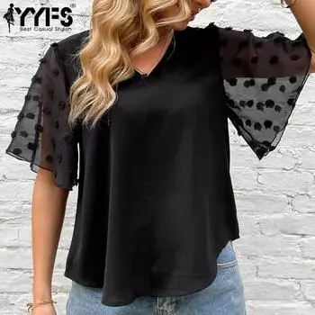 YYFS женские модные повседневные однотонные блузки и рубашки с короткими рукавами и v-образным вырезом с принтом S чёрный
