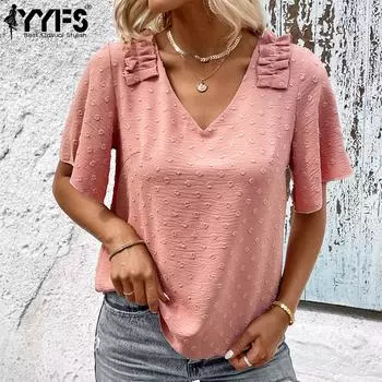YYFS женские модные повседневные однотонные блузки и рубашки с короткими рукавами и v-образным вырезом с принтом S розовый