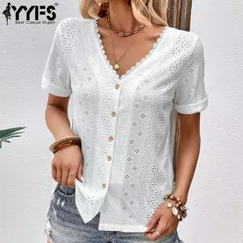 YYFS женские модные повседневные однотонные блузки и рубашки с короткими рукавами и v-образным вырезом с принтом S белый