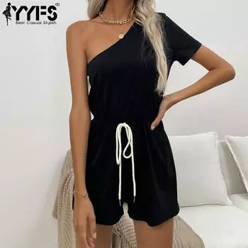 YYFS женские модные повседневные однотонные шорты с принтом на лето и весну, шорты с короткими рукавами, комбинезоны и комбинезоны S чёрный