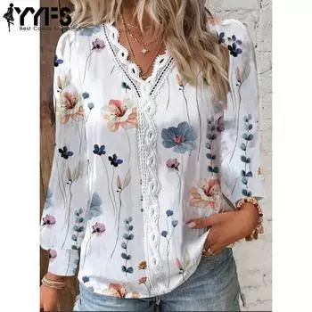 YYFS женские модные повседневные пуловеры с v-образным вырезом и длинными рукавами, весна-осень с цветочным узором и принтом S белый