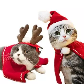 Забавный рождественский костюм кошки, косплей Санты, рождественская накидка для питомца, одежда, теплый красный шарф, плащ со шляпой, аксессуары для питомцев