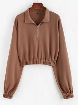 ZAFUL Трикотажная толстовка с заниженной линией плеч и полумолнией M кофейный