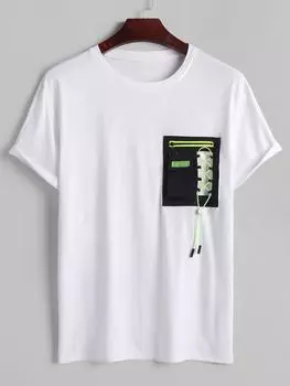 ZAFUL O Ring Zip Lace Up Pocket Streetwear T Shirt S белый