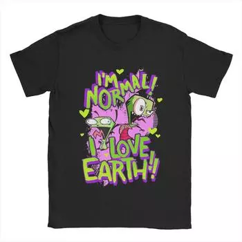 Захватчик Зим и; GIR I m Normal I Love Earth Футболка 100% хлопок Топы Винтажные футболки с коротким рукавом и круглым воротом Летние футболки L