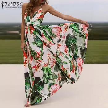 ZANZEA Bohemian Print Casual Deep V-образный вырез без спинки рукавов Sling Long Dress S зелёный