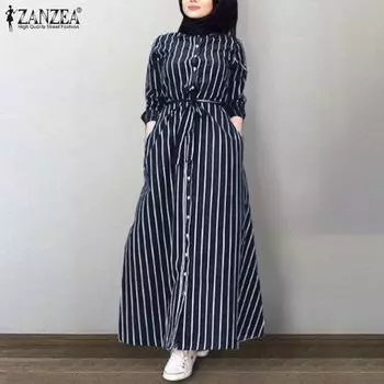 ZANZEA, мусульманское модное платье-туника в полоску, женское повседневное платье с отложным воротником и длинным рукавом, марокканское длинное платье из кафтана