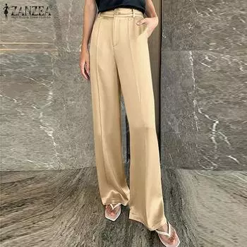 ZANZEA Весенние женские атласные широкие однотонные длинные брюки