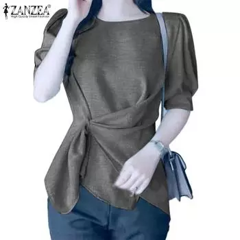 ZANZEA Женская повседневная летняя бандажная блузка с круглым вырезом и коротким рукавом S светло-синий