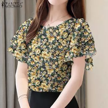 ZANZEA Women Casual O-neck Ruffles Short Sleeve Floral Print Blouse S красный