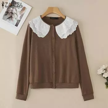 ZANZEA Women Casual Patchwork Crew Neck Long Sleeve Blouse S хаки