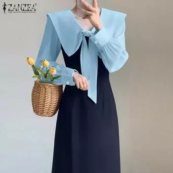 ZANZEA Women Casual Patchwork Doll Collar Long Sleeve Long Dress M синий