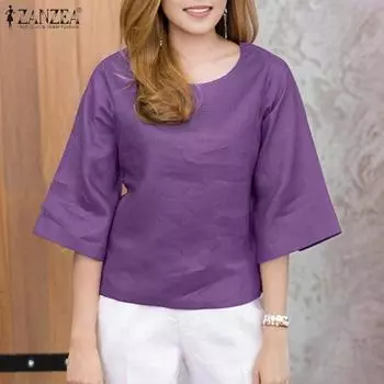 ZANZEA Women Casual Round Neck Loose 3/4 Sleeve Cotton Blouse S розовый