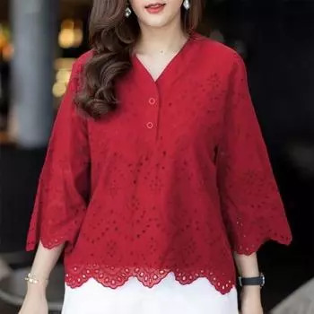 ZANZEA Women Casual V-Neck 3/4 Sleeve Hollow Crochet Patchwork Blouse S красный