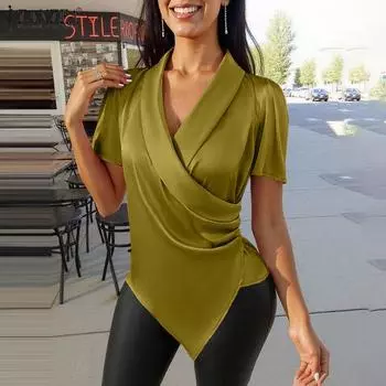 ZANZEA Women Casual V-Neck Slim Irregular Hem Short Sleeve Blouse XL жёлтый