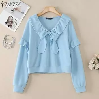 ZANZEA Women Korean Casual Bow Tie V-Neck Loose Long Sleeve Blouse S синий