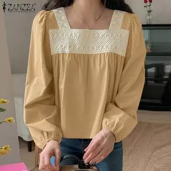 ZANZEA Women Lace Patchwork Square Collar Casual Long Sleeve Blouse 2XL хаки