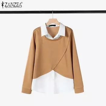 ZANZEA Women Patchwork Turn Down Collar Long Sleeve Blouse XL чёрный