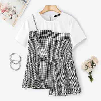 ZANZEA Women Plaid Print Patchwork Casual Round Neck Short Sleeve T-Shirts S