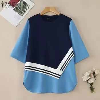 ZANZEA Women Round Neck Patchwork Casual Half Sleeve T-Shirts 4XL темно-синий