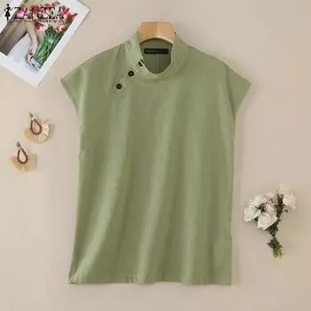 ZANZEA Women Side Button Stand Collar Summer Short Sleeve Blouse S тёмно-синий