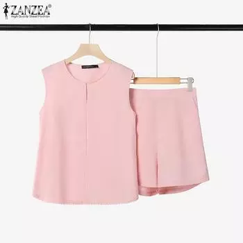 ZANZEA Women Sleeveless Tank Tops and Short Pants Summer Two Piece Sets S жёлтый