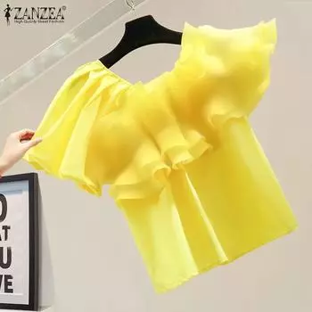 ZANZEA Женские летние многослойные блузки с квадратным вырезом и короткими рукавами и оборками M чёрный