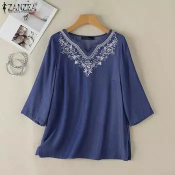 ZANZEA Womens Casual Embroidery Patchwork V-Neck 3/4 Sleeve Loose Blouse S темно-синий