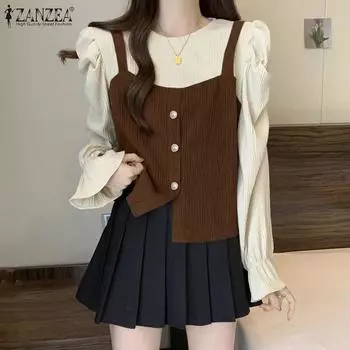 ZANZEA Womens Casual Fake Two Piece Patchwork Long Sleeve Blouse S чёрный