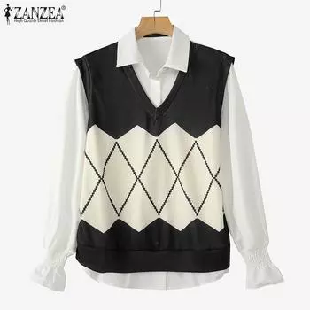 ZANZEA Womens Casual Fake Two Piece Patchwork Long Sleeve Blouse S чёрный