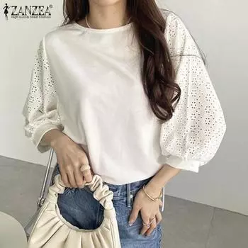 ZANZEA Womens Casual Lace Crochet Patchwork 3/4 Sleeve Loose Blouse S чёрный