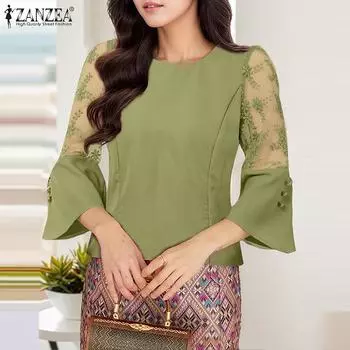 ZANZEA Womens Casual Lace Patchwork 3/4 Sleeve Loose Blouse 4XL розовый