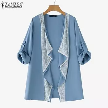 ZANZEA Womens Casual Lace Patchwork Long Sleeve Thin Kimonos Cardigans Outwear S синий