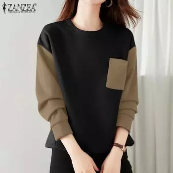 ZANZEA Womens Casual Long Sleeve Patchwork Pullover Tops 5XL