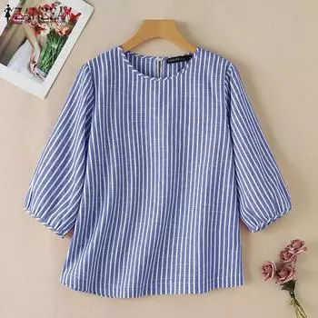 ZANZEA Womens Casual O-neck Loose Stripe 3/4 Sleeve Blouse S синий